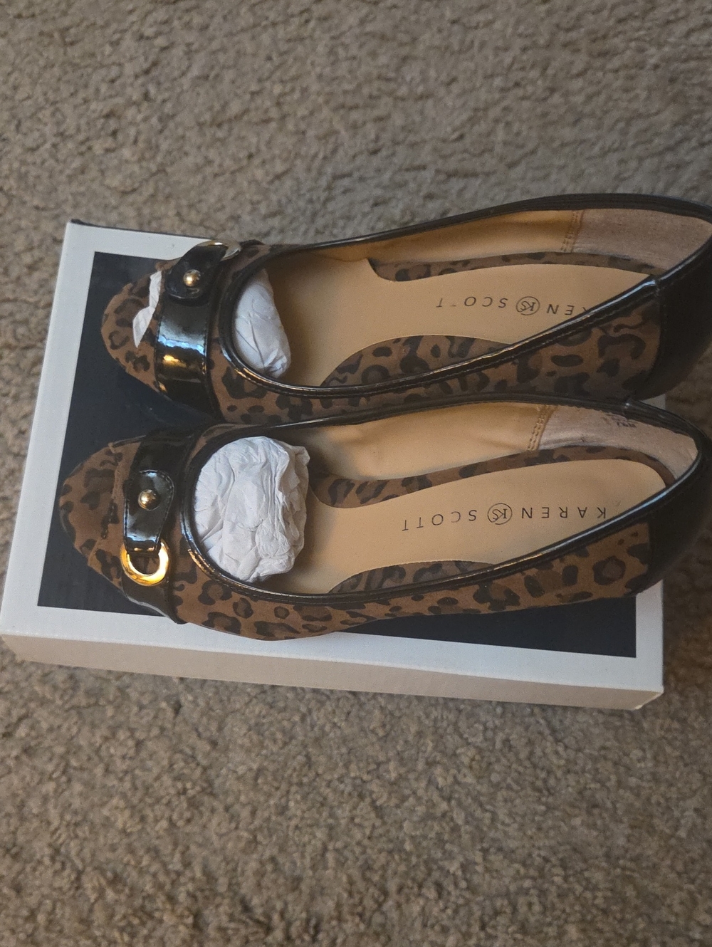 Karen Scott Leopard-Print Peep-Toe Flats with Black Patent Trim